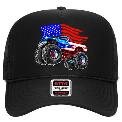 Monster Truck Boys USA American Flag 4th Of July High Crown Mesh Back Trucker Hat