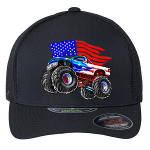 Monster Truck Boys USA American Flag 4th Of July Flexfit Unipanel Trucker Cap