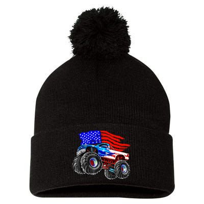 Monster Truck Boys USA American Flag 4th Of July Pom Pom 12in Knit Beanie