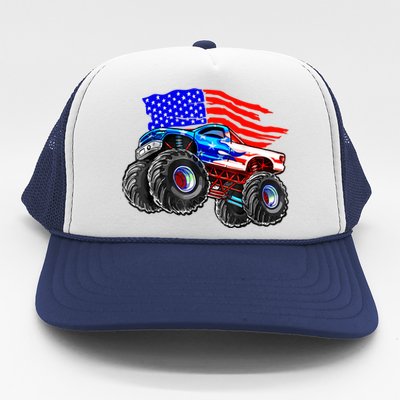 Monster Truck Boys USA American Flag 4th Of July Trucker Hat