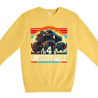 Monster Truck Birthday 4 Year Gift Monster Truck 4th Premium Crewneck Sweatshirt