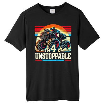 Monster Truck Birthday 4 Year Gift Monster Truck 4th Tall Fusion ChromaSoft Performance T-Shirt