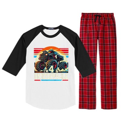 Monster Truck Birthday 4 Year Gift Monster Truck 4th Raglan Sleeve Pajama Set