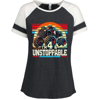 Monster Truck Birthday 4 Year Gift Monster Truck 4th Enza Ladies Jersey Colorblock Tee