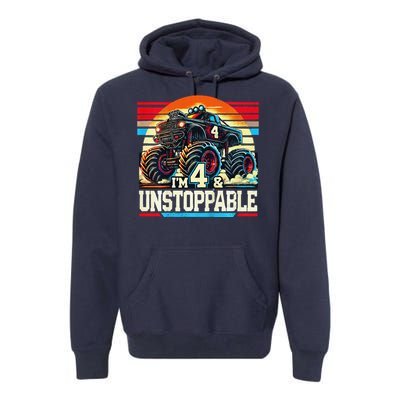 Monster Truck Birthday 4 Year Gift Monster Truck 4th Premium Hoodie