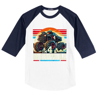 Monster Truck Birthday 4 Year Gift Monster Truck 4th Baseball Sleeve Shirt