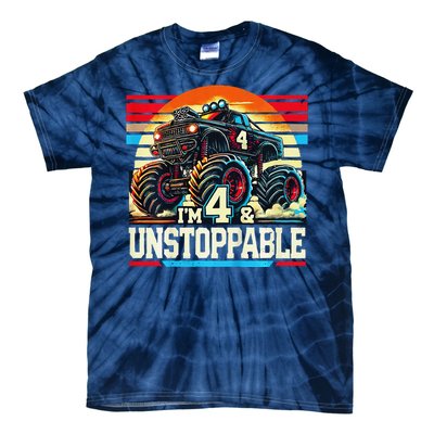 Monster Truck Birthday 4 Year Gift Monster Truck 4th Tie-Dye T-Shirt