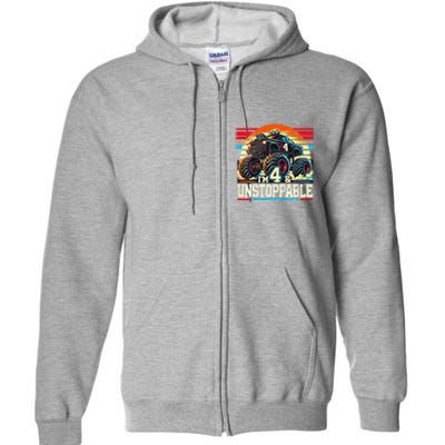 Monster Truck Birthday 4 Year Gift Monster Truck 4th Full Zip Hoodie