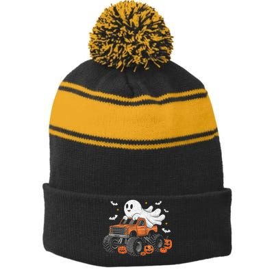 Monster Truck Boy Ghost Pumpkin Halloween Costume Stripe Pom Pom Beanie