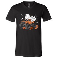 Monster Truck Boy Ghost Pumpkin Halloween Costume V-Neck T-Shirt