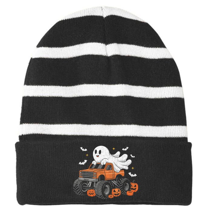 Monster Truck Boy Ghost Pumpkin Halloween Costume Striped Beanie with Solid Band