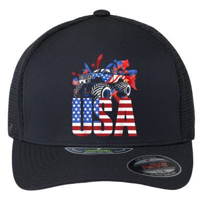 Monster Truck Boy USA American Flag July 4th Flexfit Unipanel Trucker Cap