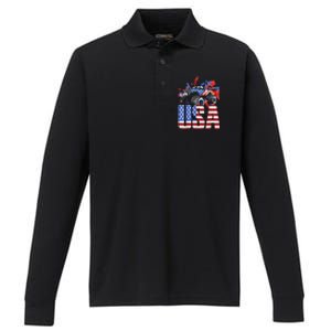 Monster Truck Boy USA American Flag July 4th Performance Long Sleeve Polo