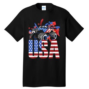 Monster Truck Boy USA American Flag July 4th Tall T-Shirt