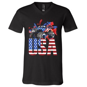 Monster Truck Boy USA American Flag July 4th V-Neck T-Shirt