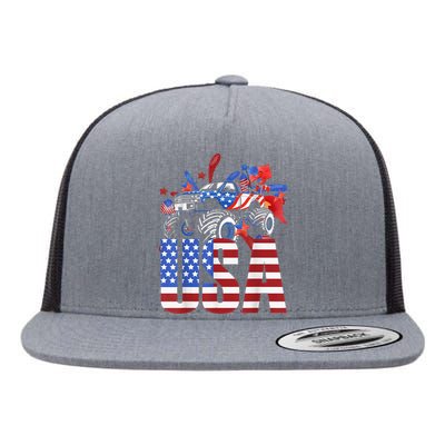 Monster Truck Boy USA American Flag July 4th Flat Bill Trucker Hat