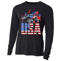 Monster Truck Boy USA American Flag July 4th Cooling Performance Long Sleeve Crew