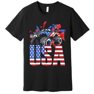 Monster Truck Boy USA American Flag July 4th Premium T-Shirt