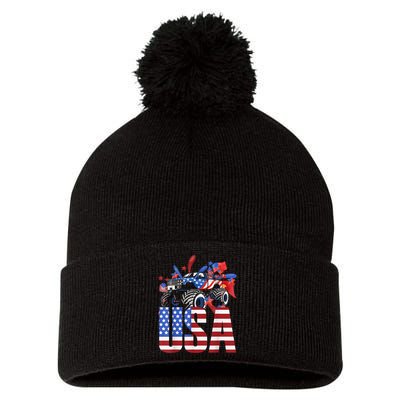 Monster Truck Boy USA American Flag July 4th Pom Pom 12in Knit Beanie