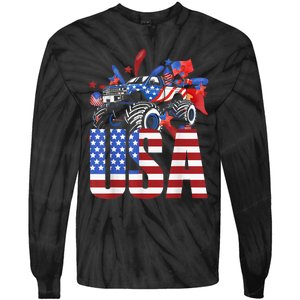 Monster Truck Boy USA American Flag July 4th Tie-Dye Long Sleeve Shirt