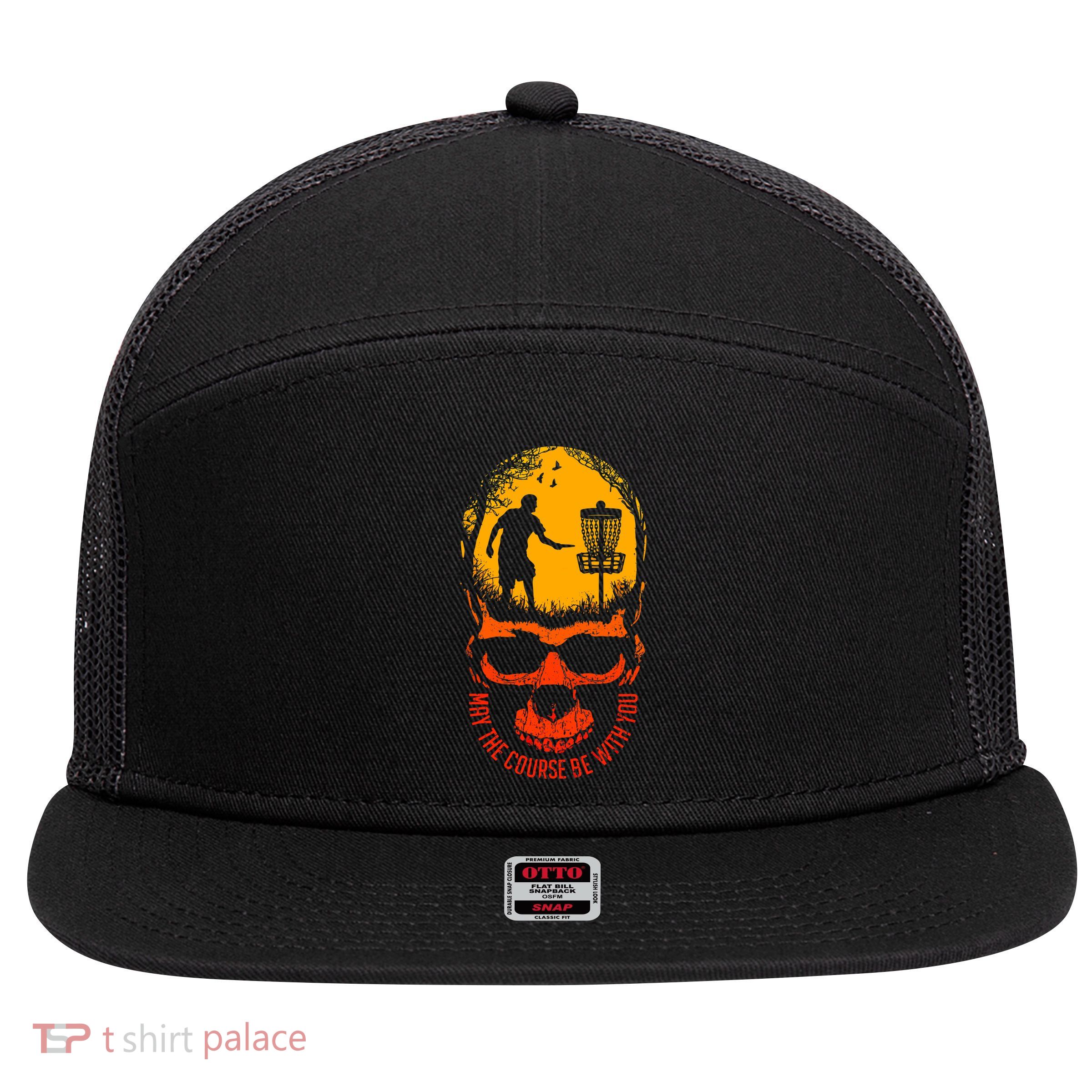 May The Course Be With You Disc Golf Player Skull Sunset 7 Panel Mesh Trucker Snapback Hat