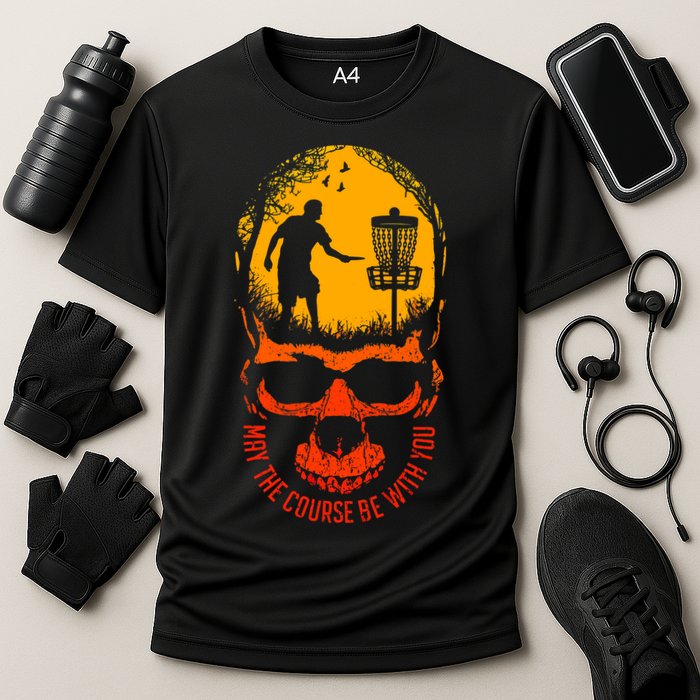 May The Course Be With You Disc Golf Player Skull Sunset Cooling Performance Crew T-Shirt