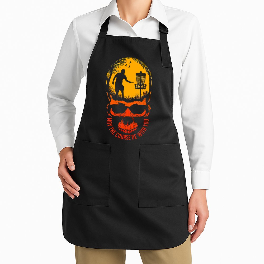 May The Course Be With You Disc Golf Player Skull Sunset Apron
