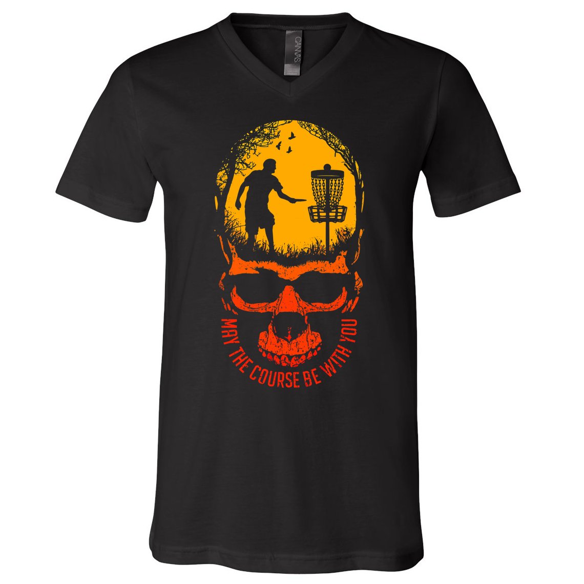 May The Course Be With You Disc Golf Player Skull Sunset V-Neck T-Shirt