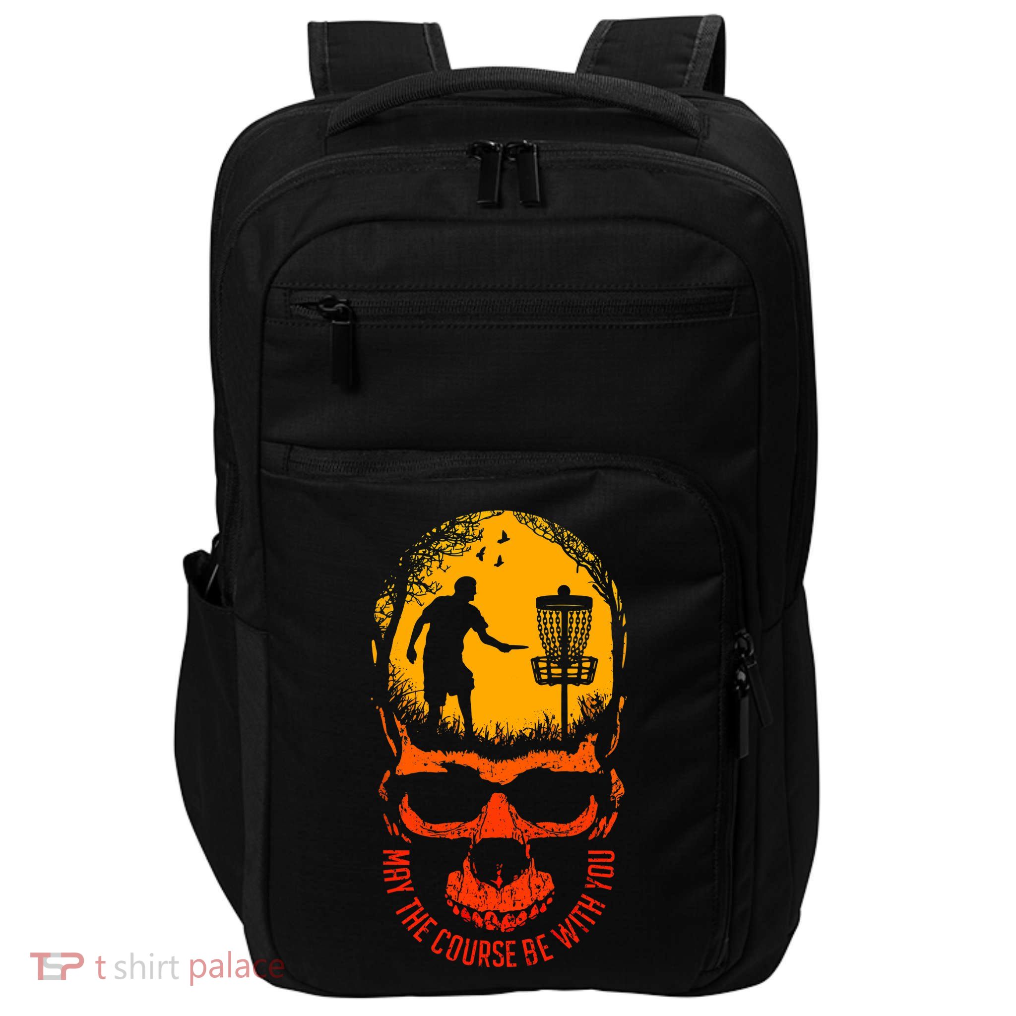 May The Course Be With You Disc Golf Player Skull Sunset Impact Tech Backpack
