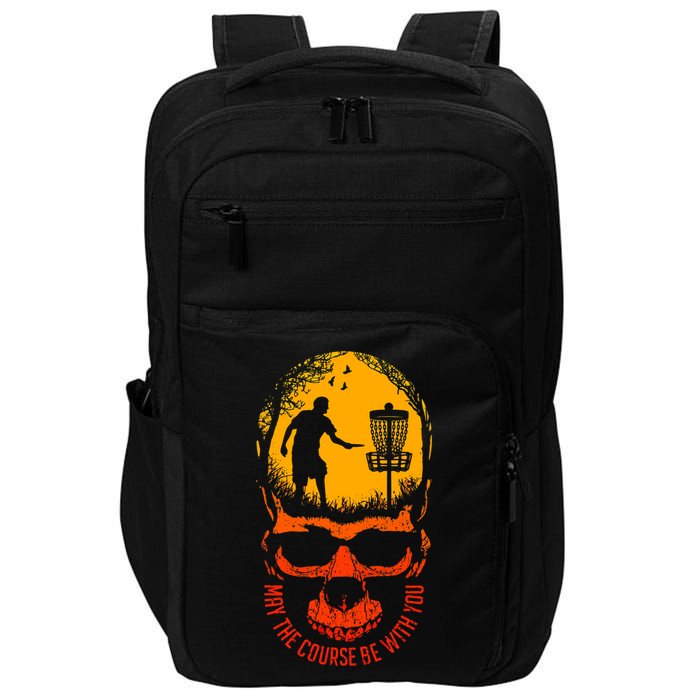 May The Course Be With You Disc Golf Player Skull Sunset Impact Tech Backpack