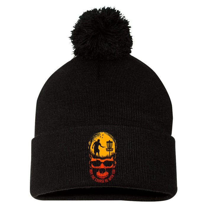May The Course Be With You Disc Golf Player Skull Sunset Pom Pom 12in Knit Beanie