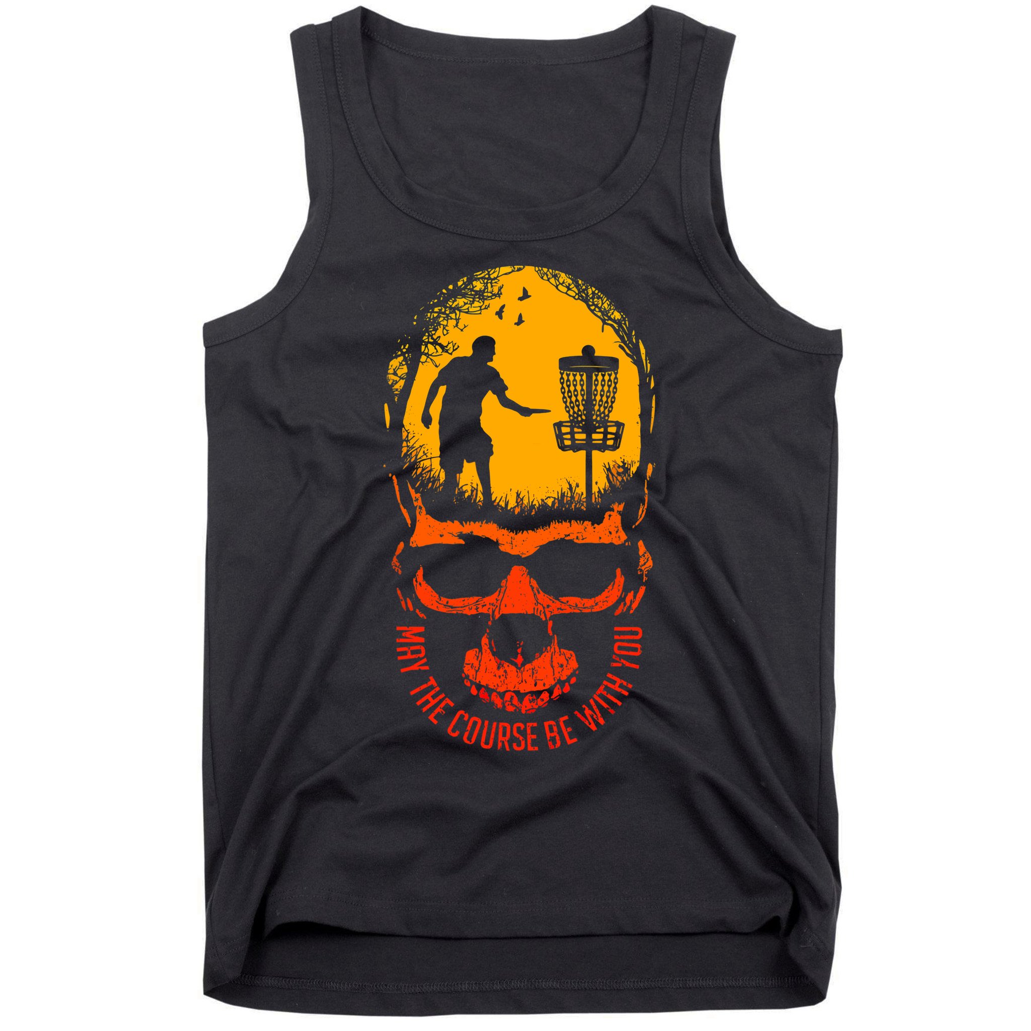 May The Course Be With You Disc Golf Player Skull Sunset Tank Top