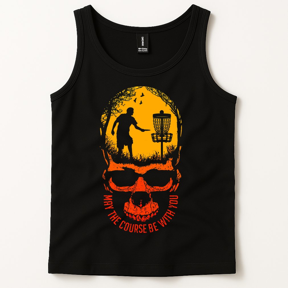 May The Course Be With You Disc Golf Player Skull Sunset Tank Top