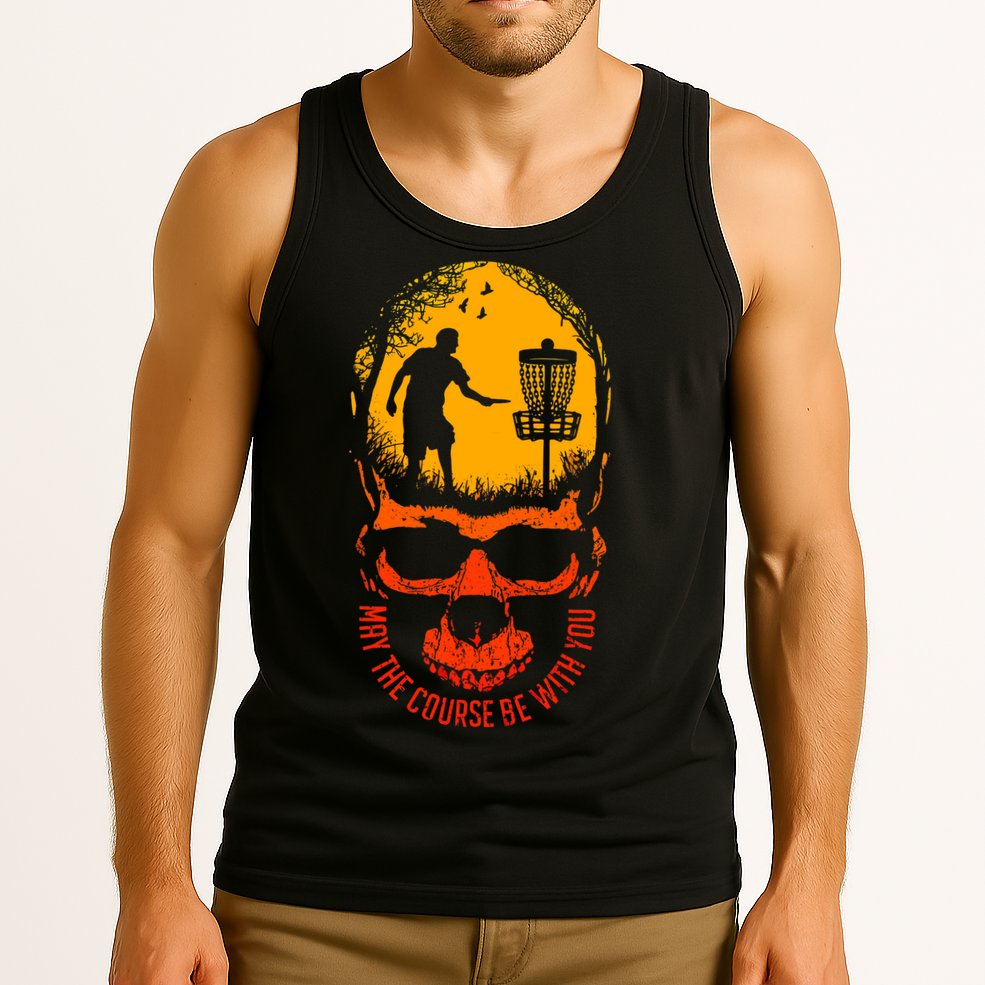 May The Course Be With You Disc Golf Player Skull Sunset Tank Top