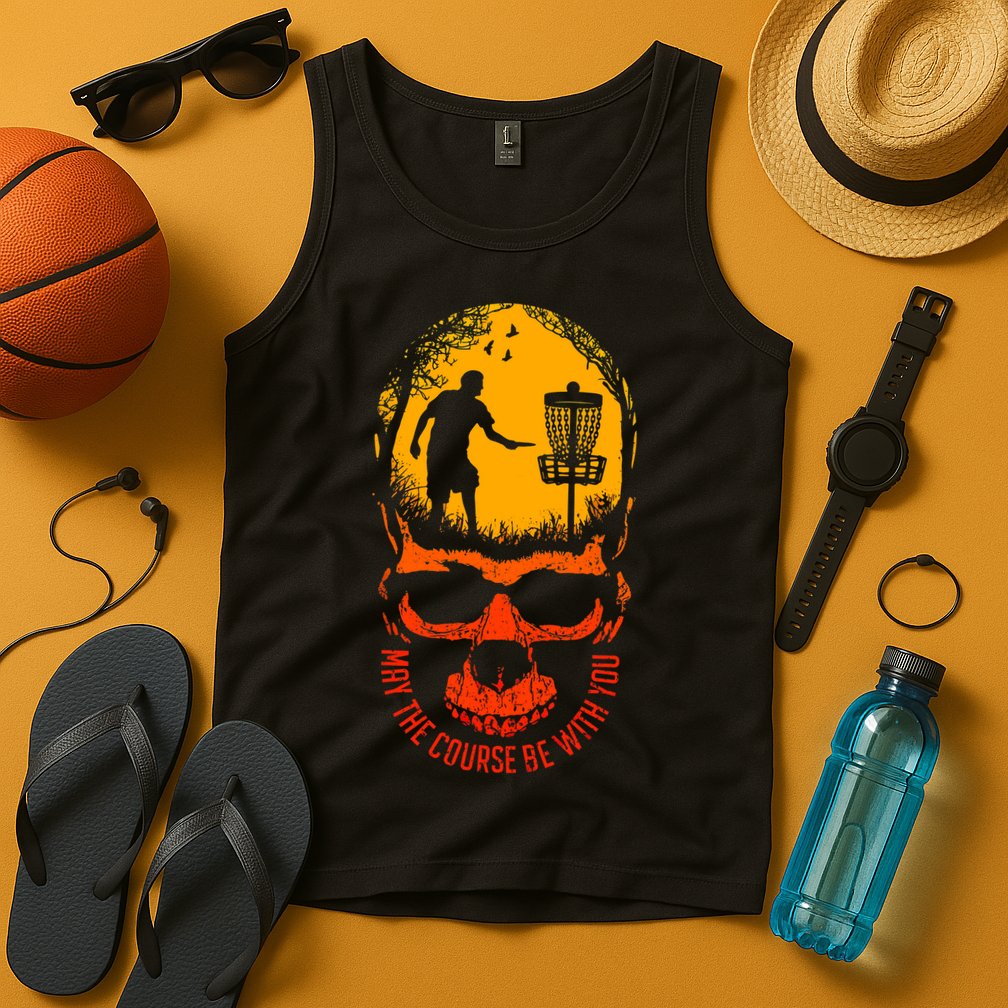May The Course Be With You Disc Golf Player Skull Sunset Tank Top