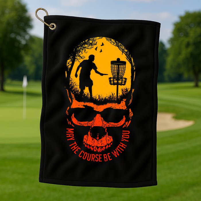 May The Course Be With You Disc Golf Player Skull Sunset Golf Towel