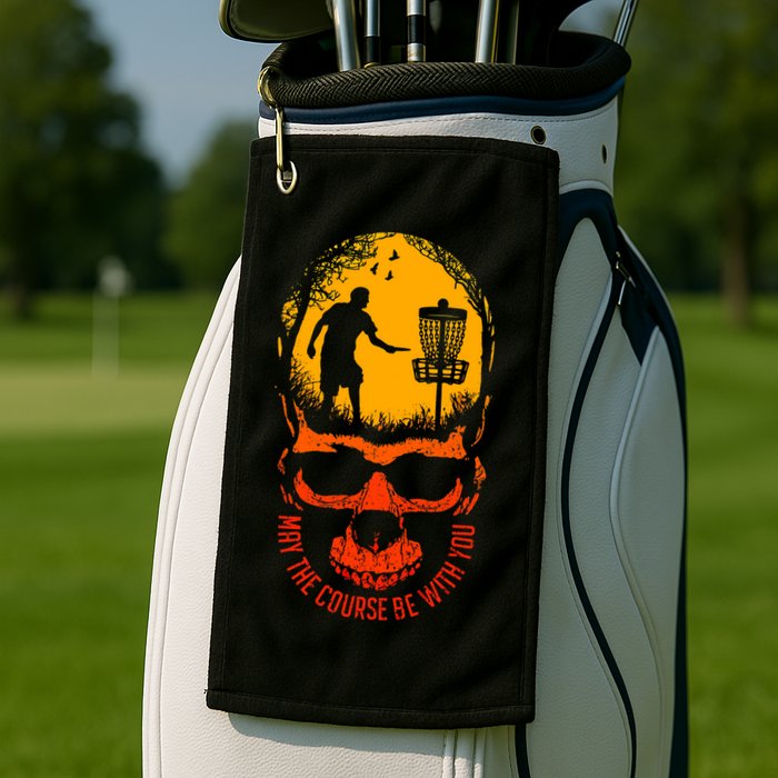 May The Course Be With You Disc Golf Player Skull Sunset Golf Towel