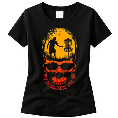 May The Course Be With You Disc Golf Player Skull Sunset Womens T-Shirt