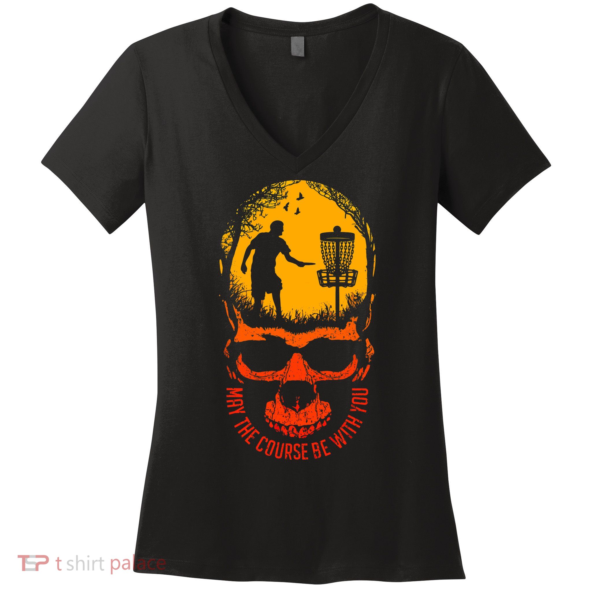 May The Course Be With You Disc Golf Player Skull Sunset Women's V-Neck T-Shirt