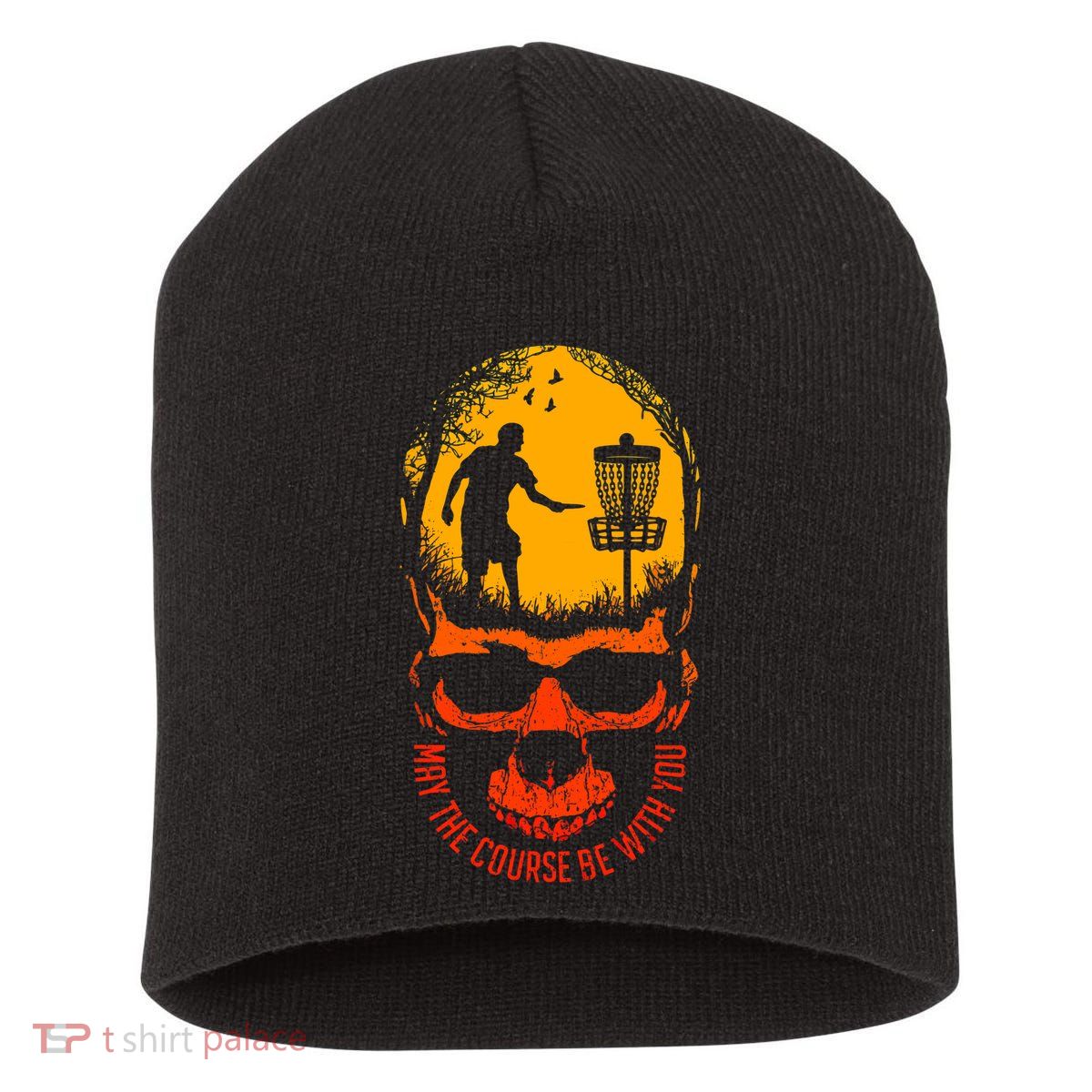May The Course Be With You Disc Golf Player Skull Sunset Short Acrylic Beanie