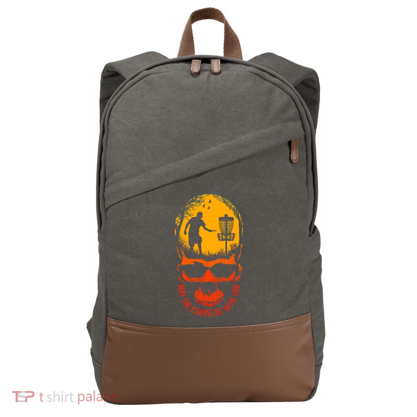 May The Course Be With You Disc Golf Player Skull Sunset Cotton Canvas Backpack