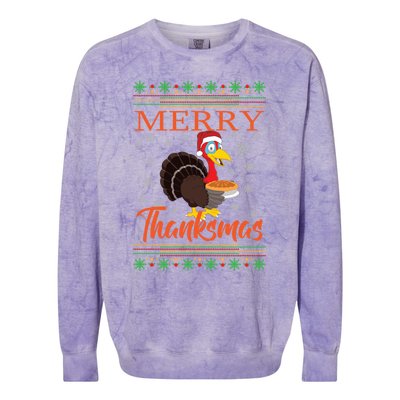 Merry Thanksmas Cute Turkey Santa Hat Thanksgiving Christmas Gift Colorblast Crewneck Sweatshirt