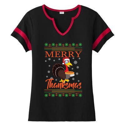 Merry Thanksmas Cute Turkey Santa Hat Thanksgiving Christmas Gift Ladies Halftime Notch Neck Tee