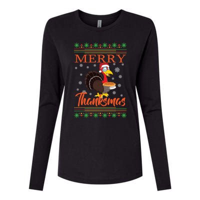 Merry Thanksmas Cute Turkey Santa Hat Thanksgiving Christmas Gift Womens Cotton Relaxed Long Sleeve T-Shirt