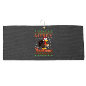 Merry Thanksmas Cute Turkey Santa Hat Thanksgiving Christmas Gift Large Microfiber Waffle Golf Towel