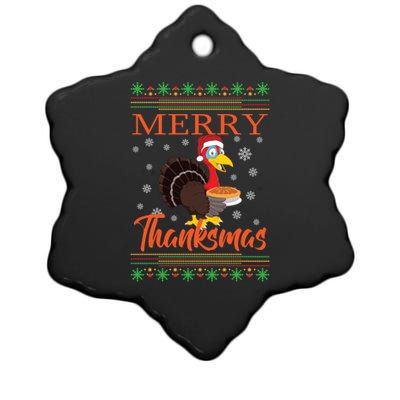 Merry Thanksmas Cute Turkey Santa Hat Thanksgiving Christmas Gift Ceramic Star Ornament