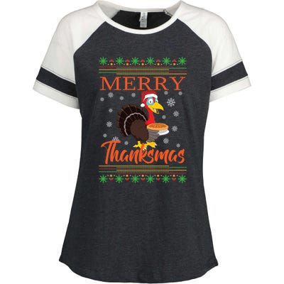 Merry Thanksmas Cute Turkey Santa Hat Thanksgiving Christmas Gift Enza Ladies Jersey Colorblock Tee