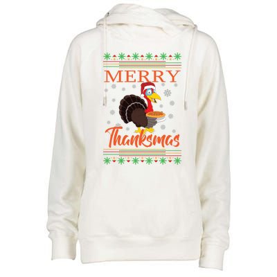 Merry Thanksmas Cute Turkey Santa Hat Thanksgiving Christmas Gift Womens Funnel Neck Pullover Hood