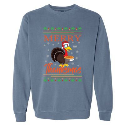 Merry Thanksmas Cute Turkey Santa Hat Thanksgiving Christmas Gift Garment-Dyed Sweatshirt