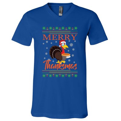 Merry Thanksmas Cute Turkey Santa Hat Thanksgiving Christmas Gift V-Neck T-Shirt